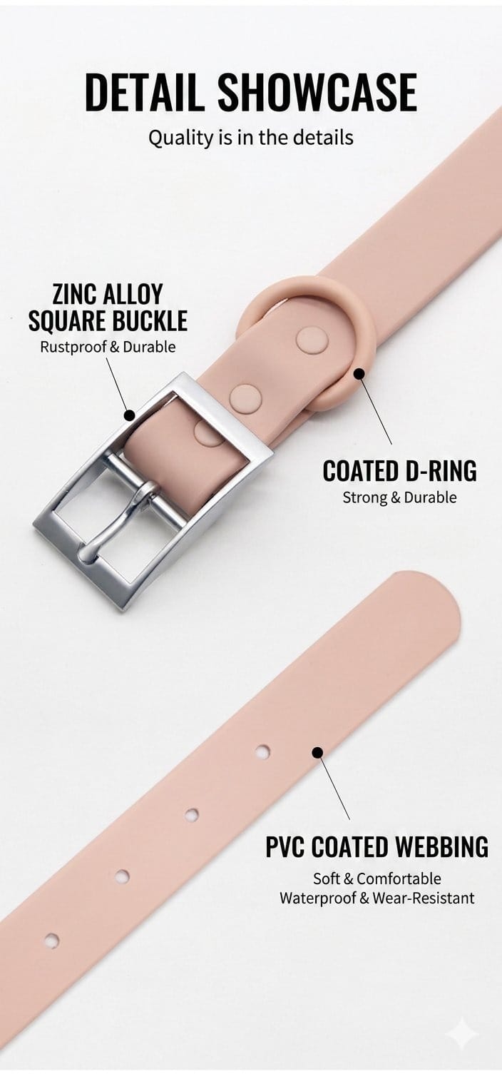 MoonianPet waterproof collar zinc alloy square buckle and coated D-ring hardware detail — rust-proof, adjustable, durable