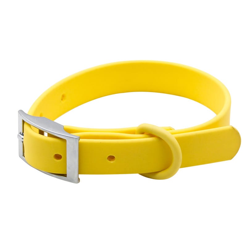MoonianPet waterproof dog collar in yellow — BioThane-style coated webbing, adjustable, 5 sizes