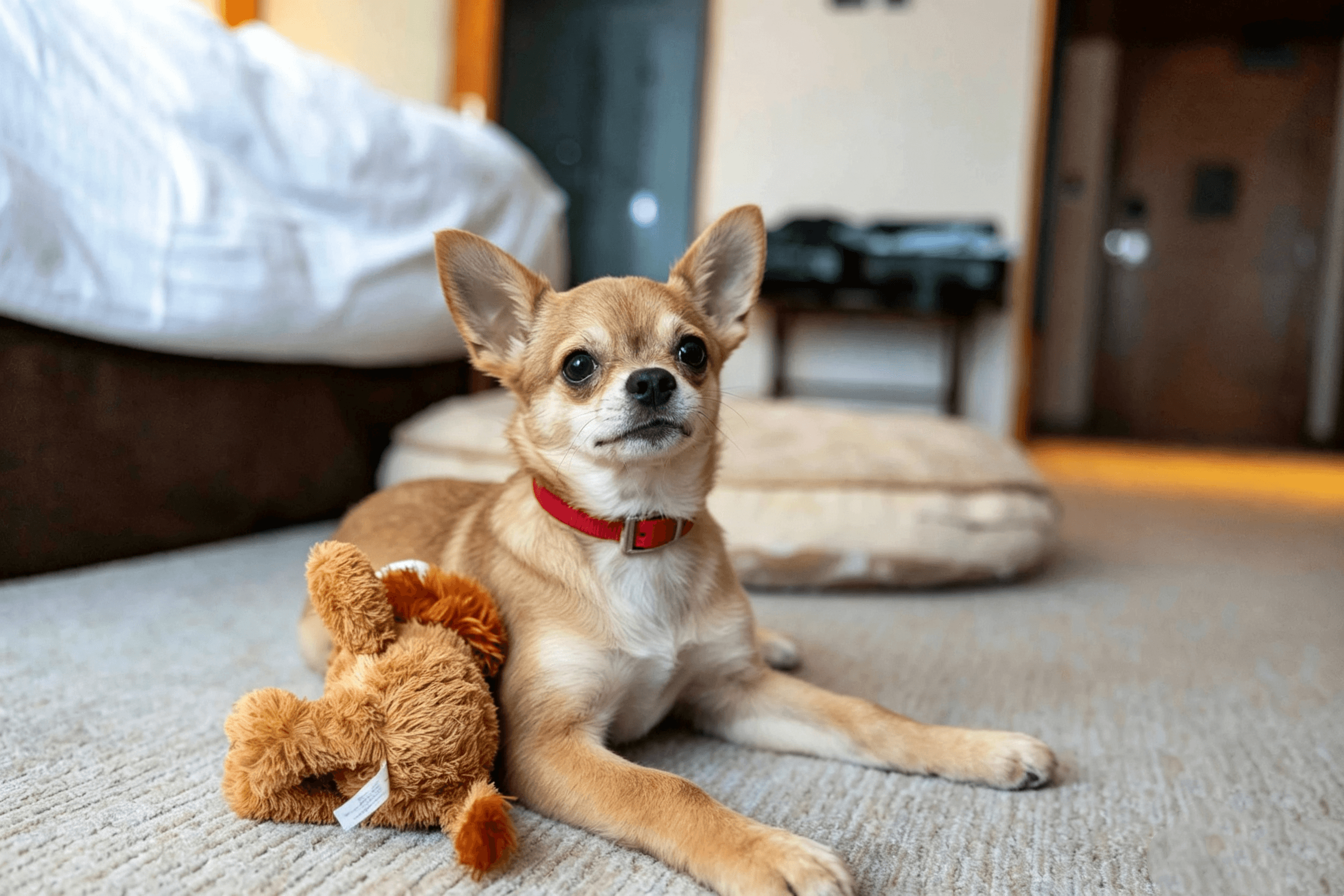 MoonianPet small tan Chihuahua wearing a thin red collar sitting on a carpet with a plush toy in a cozy indoor setting.