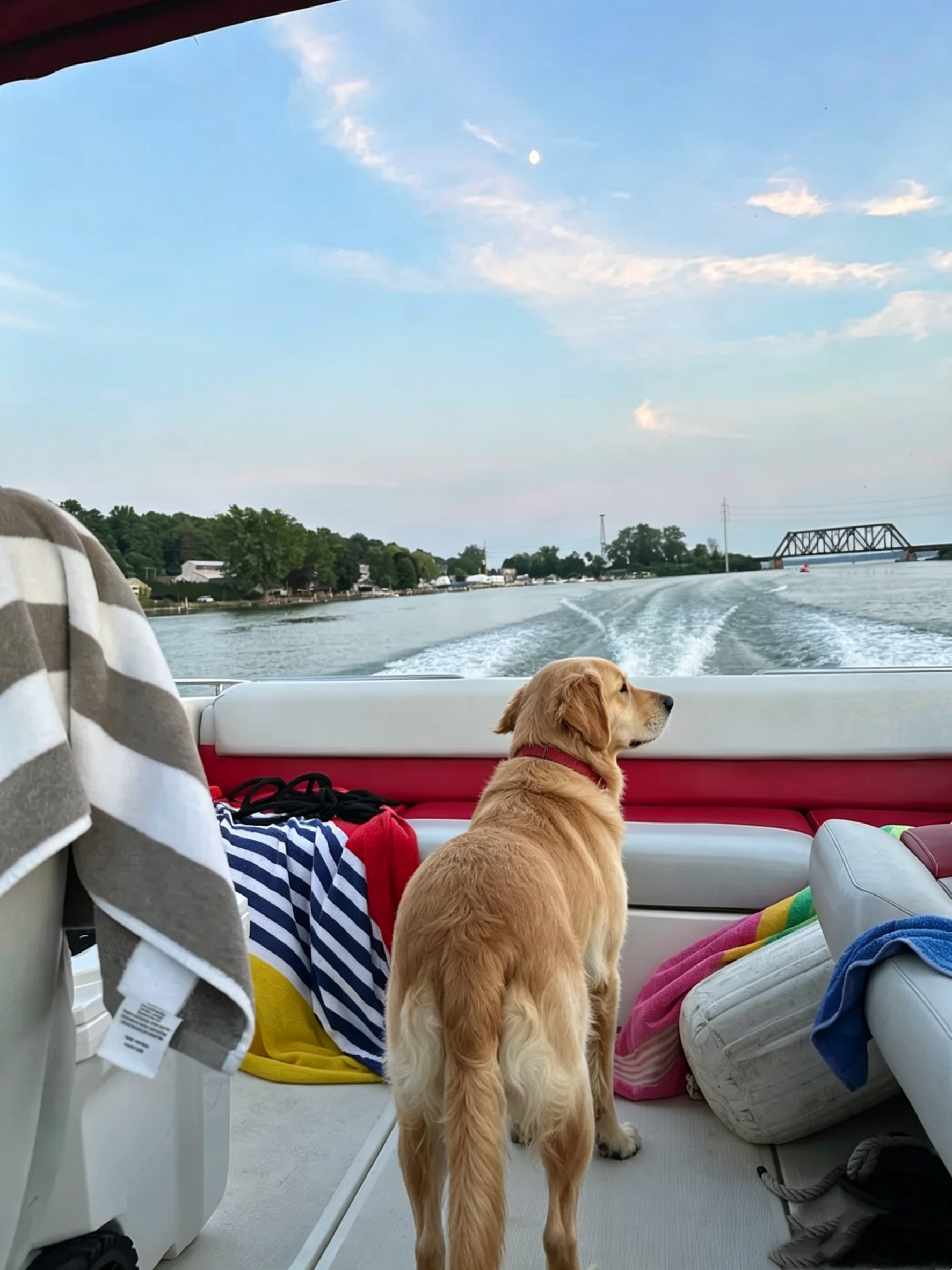 Golden Retriever on a boat wearing a red Moonian waterproof dog collar — active lifestyle collar sizing example for large breeds