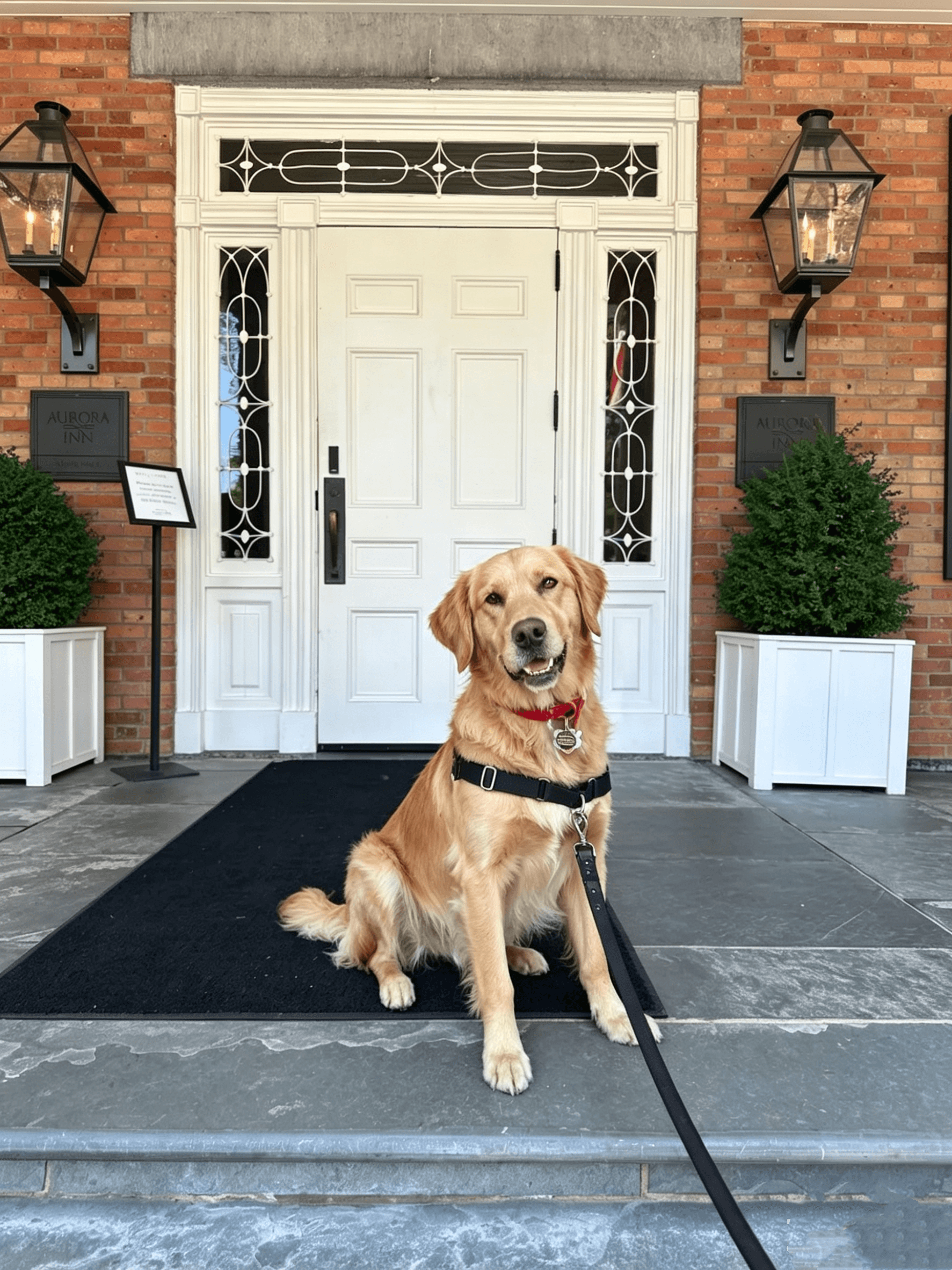 Golden retriever sitting at a hotel entrance wearing a red MoonianPet waterproof coated webbing collar — BioThane-style material with premium leather-like appearance