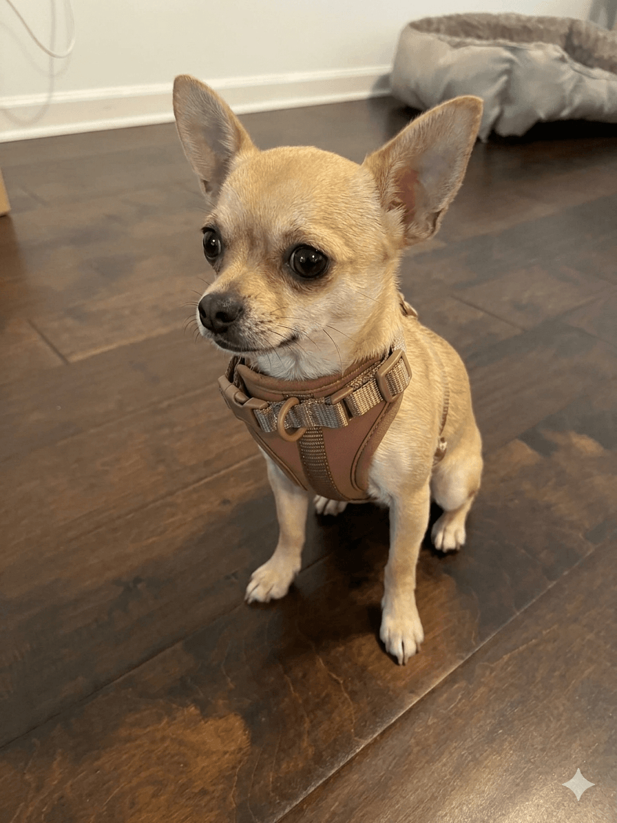 Chihuahua wearing a brown MoonianPet lightweight no-pull harness indoors — XS lightweight neoprene harness for toy breeds and small dogs