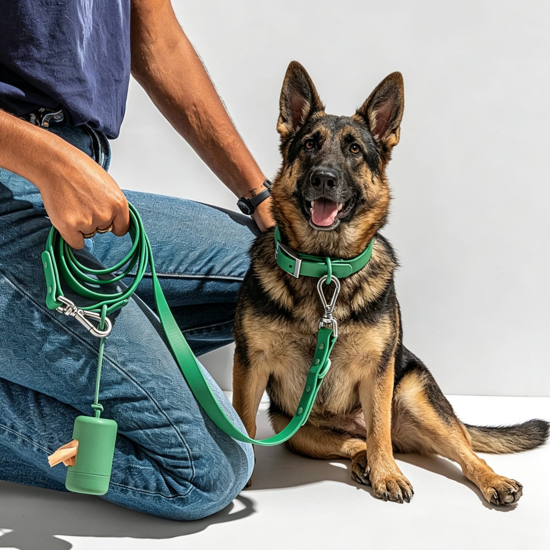 German Shepherd wearing MoonianPet green waterproof collar and leash set outdoors — smooth coated webbing is safe for sensitive skin and active dogs