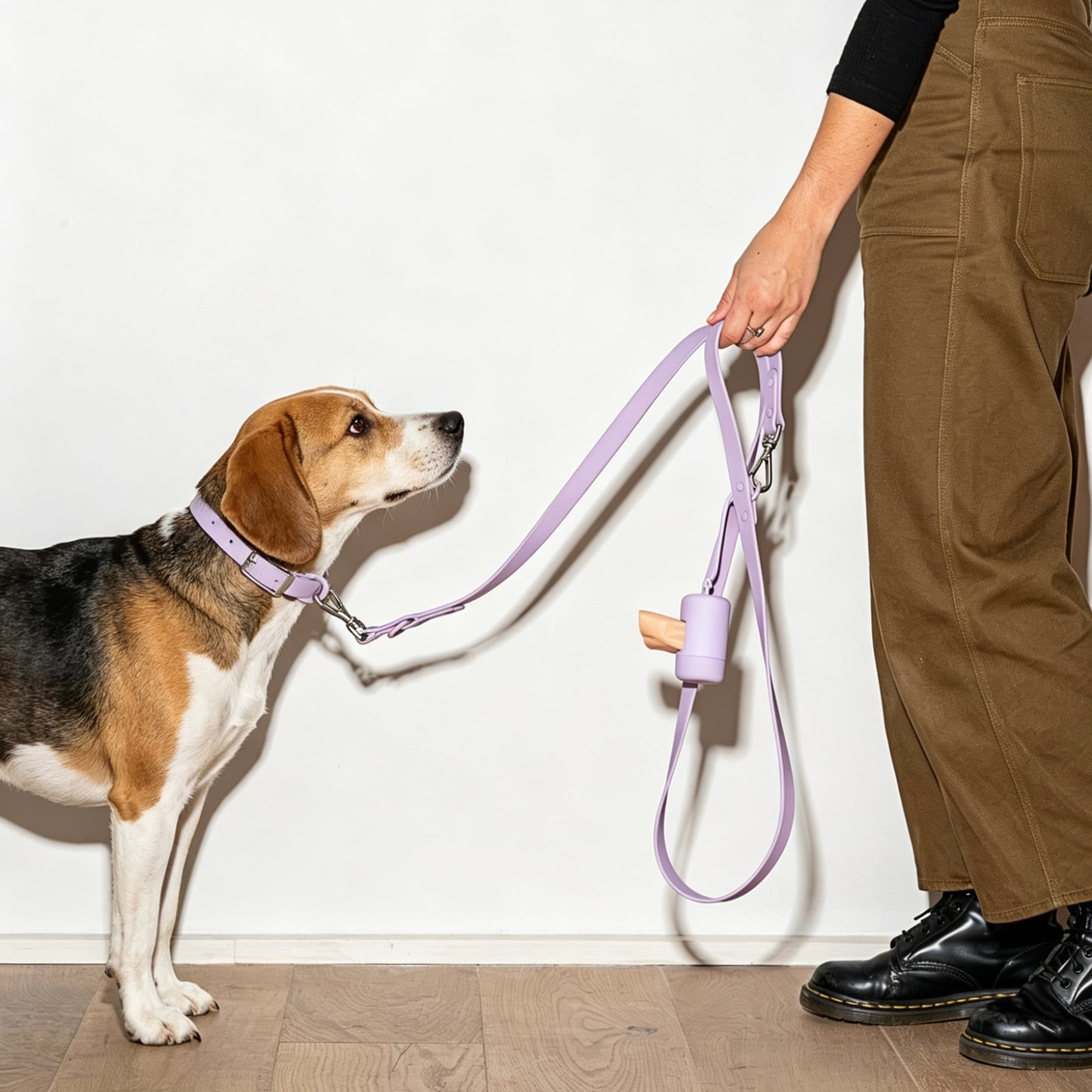 MoonianPet waterproof collar and leash set in purple worn by beagle — matching BioThane-style coated webbing set