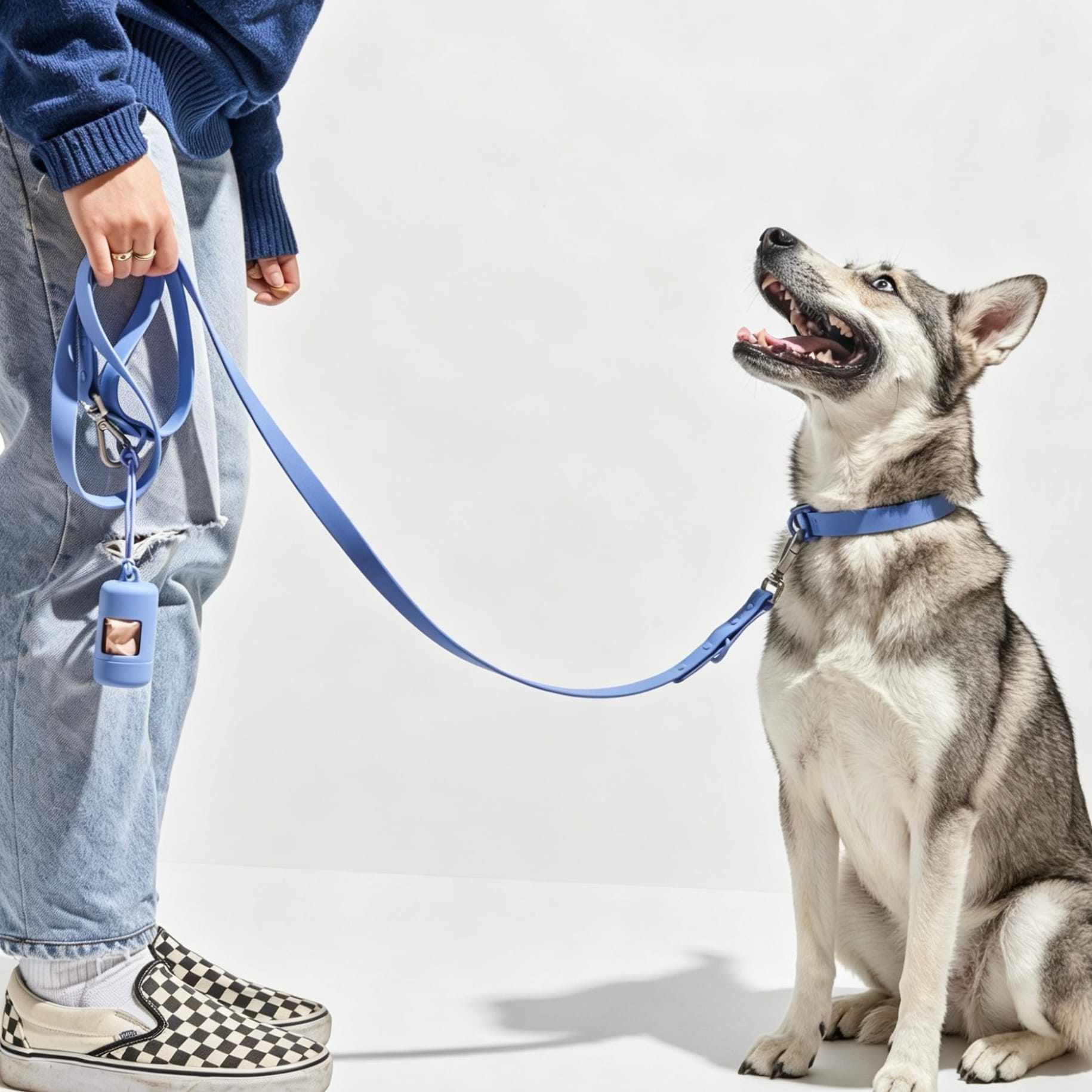 Husky wearing MoonianPet sky blue waterproof collar and leash set — ideal for dogs that swim, run, and spend time outdoors in all weather