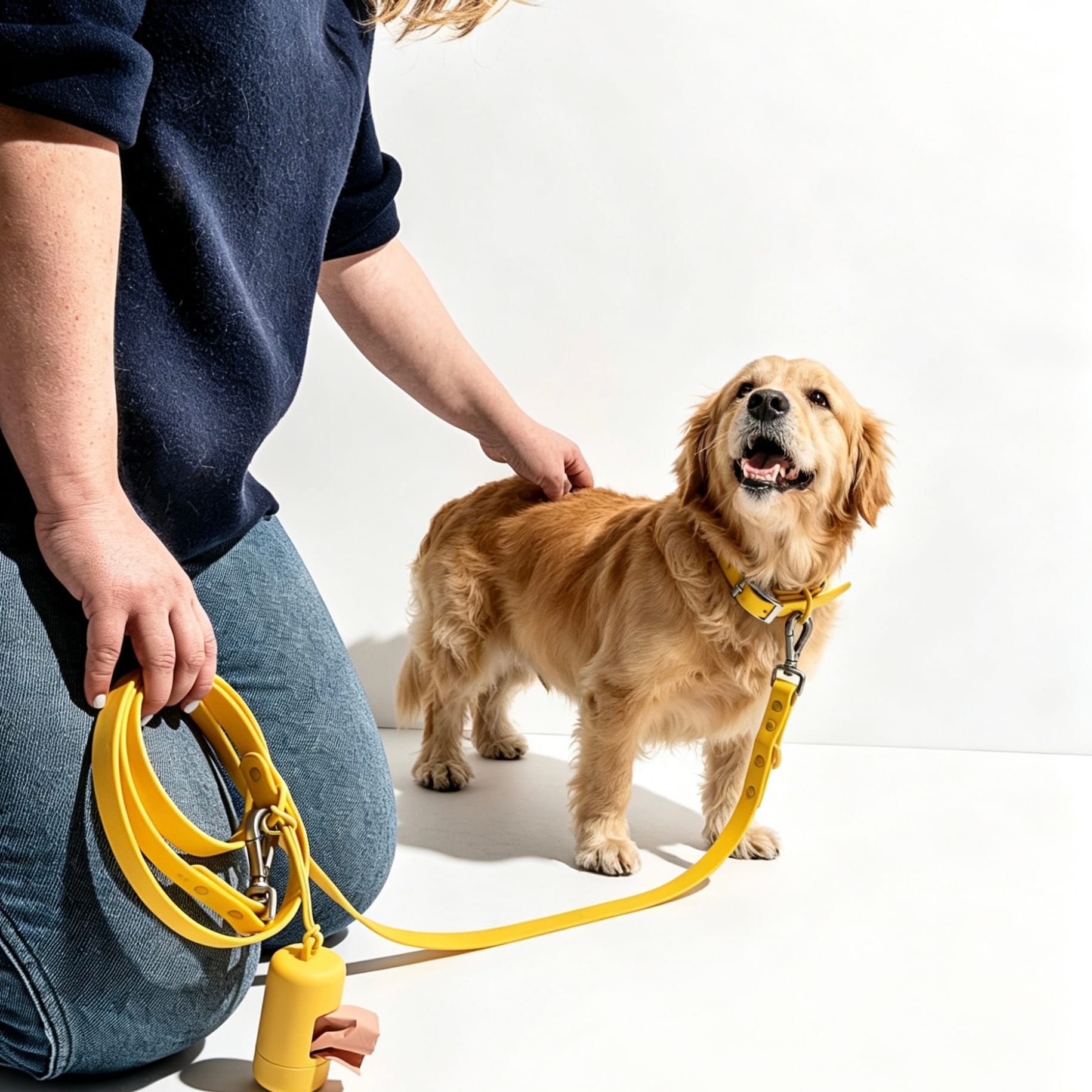 MoonianPet waterproof collar and leash set in yellow worn by golden retriever — BioThane-style coated webbing