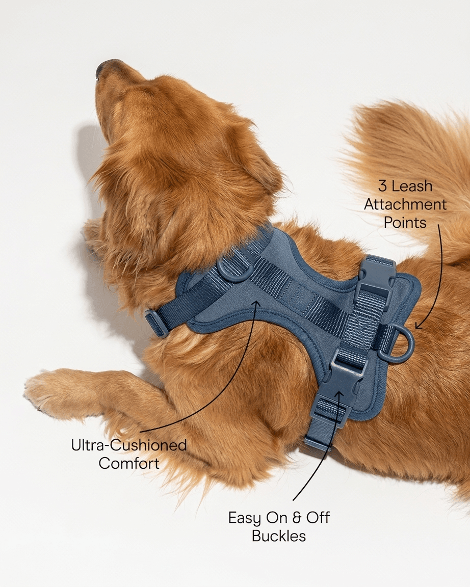 MoonianPet no-pull dog harness navy features diagram on golden retriever — dual D-ring no-pull harness with neoprene padding for daily walking