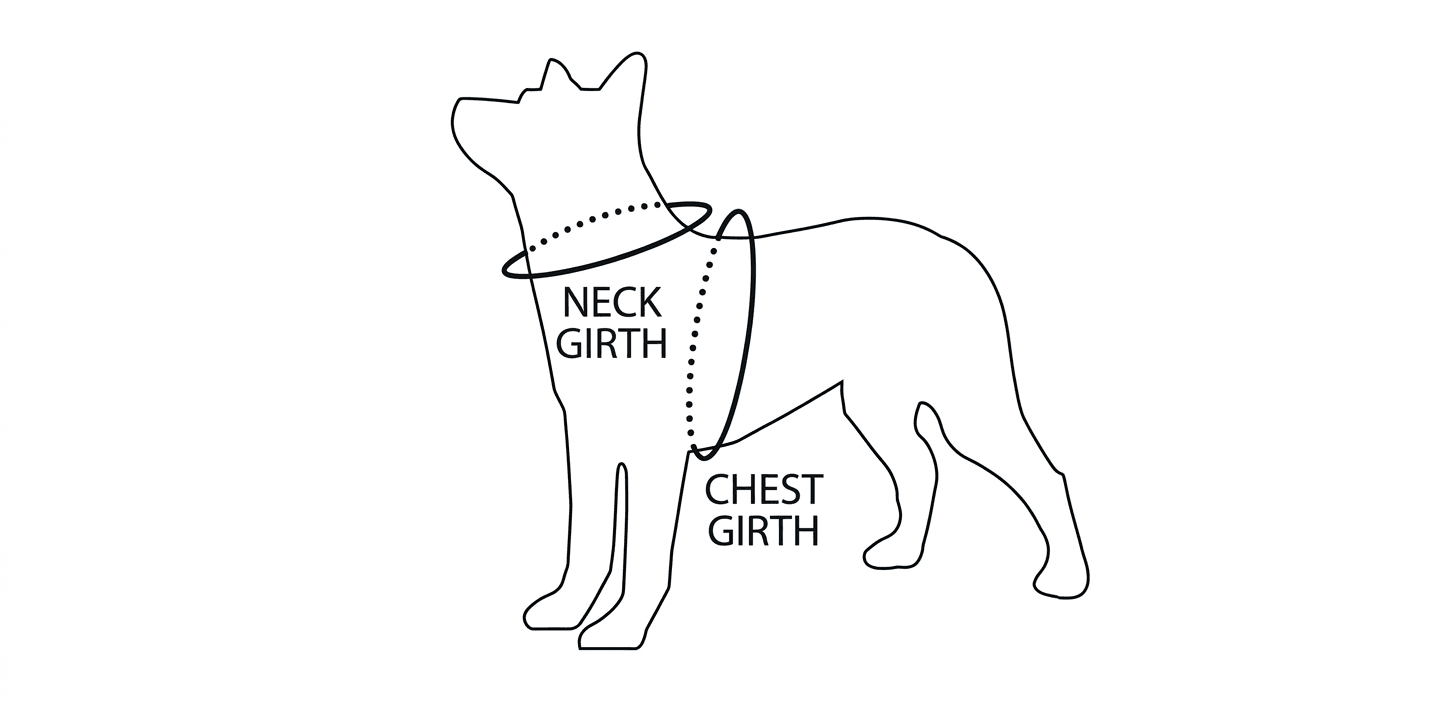 How to measure a dog for harness sizing — neck girth and chest girth measurement points illustrated