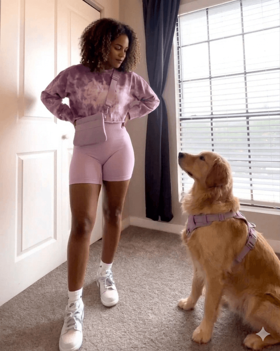 Golden Retriever wearing a purple MoonianPet no-pull walking harness with owner indoors — correctly fitted dog walking harness ready for daily use