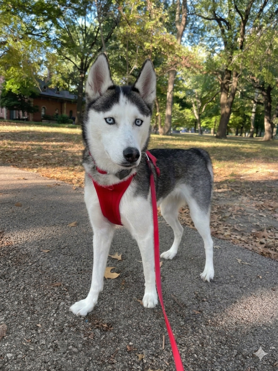 Husky wearing a red MoonianPet no-pull dog harness on a path — large breed no-pull harness with front D-ring for strong pullers