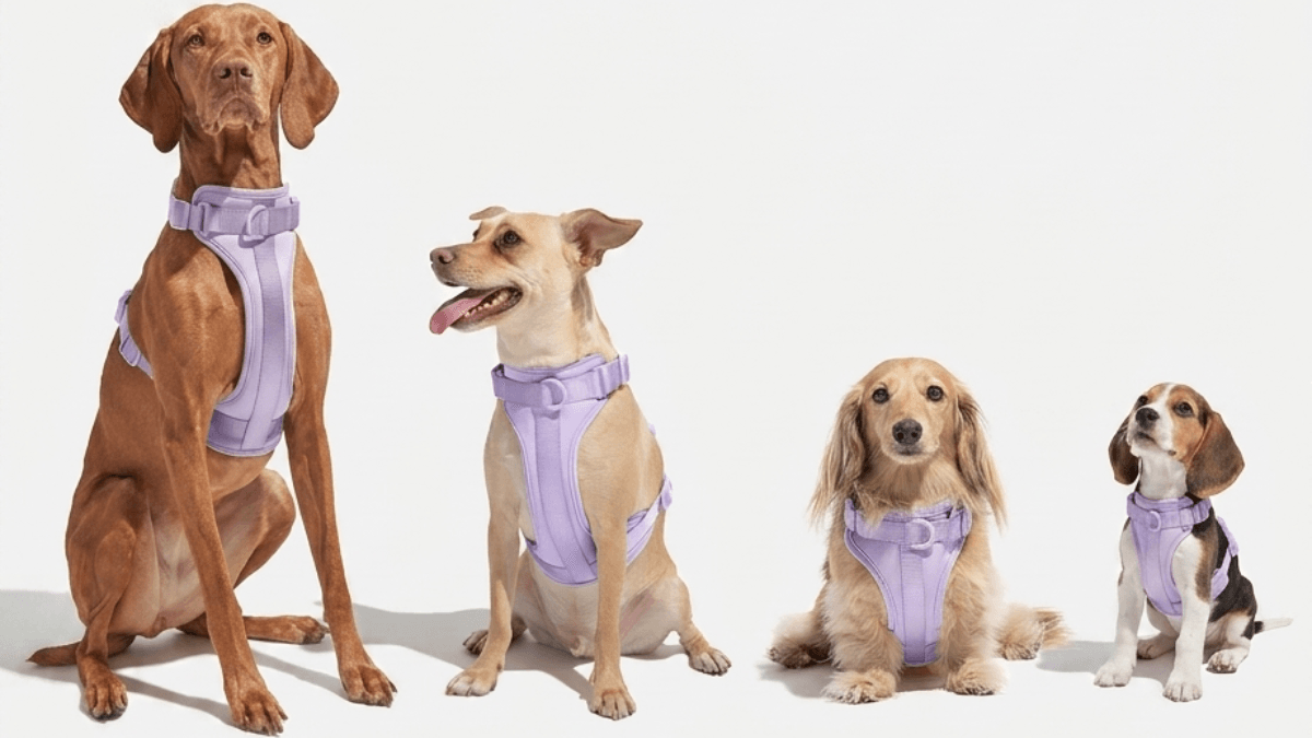 MoonianPet no-pull dog harness in purple worn by four dogs of different sizes — XS through XL size comparison