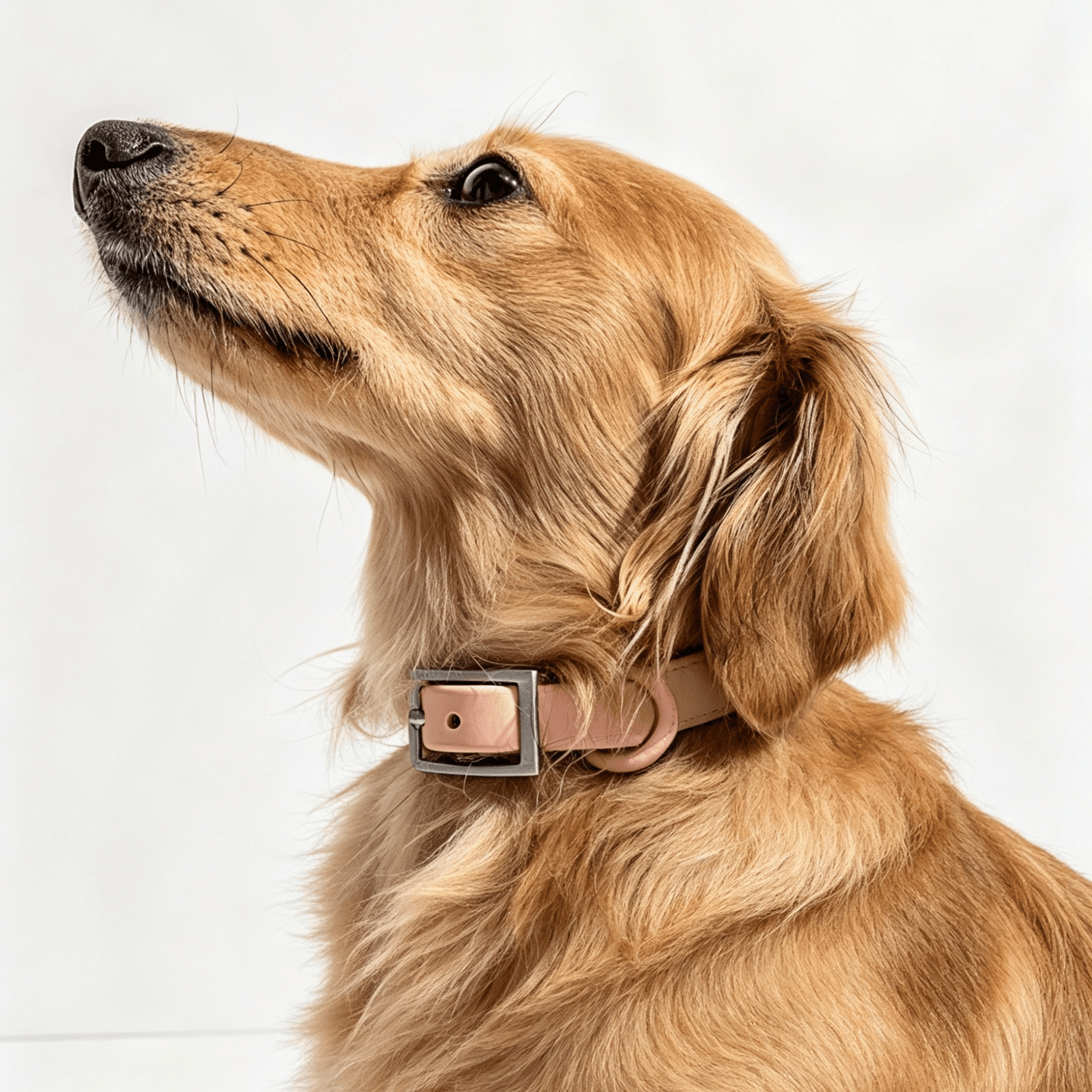 MoonianPet waterproof dog collar in pink worn by longhaired dog — chafe-free odor-proof coated webbing