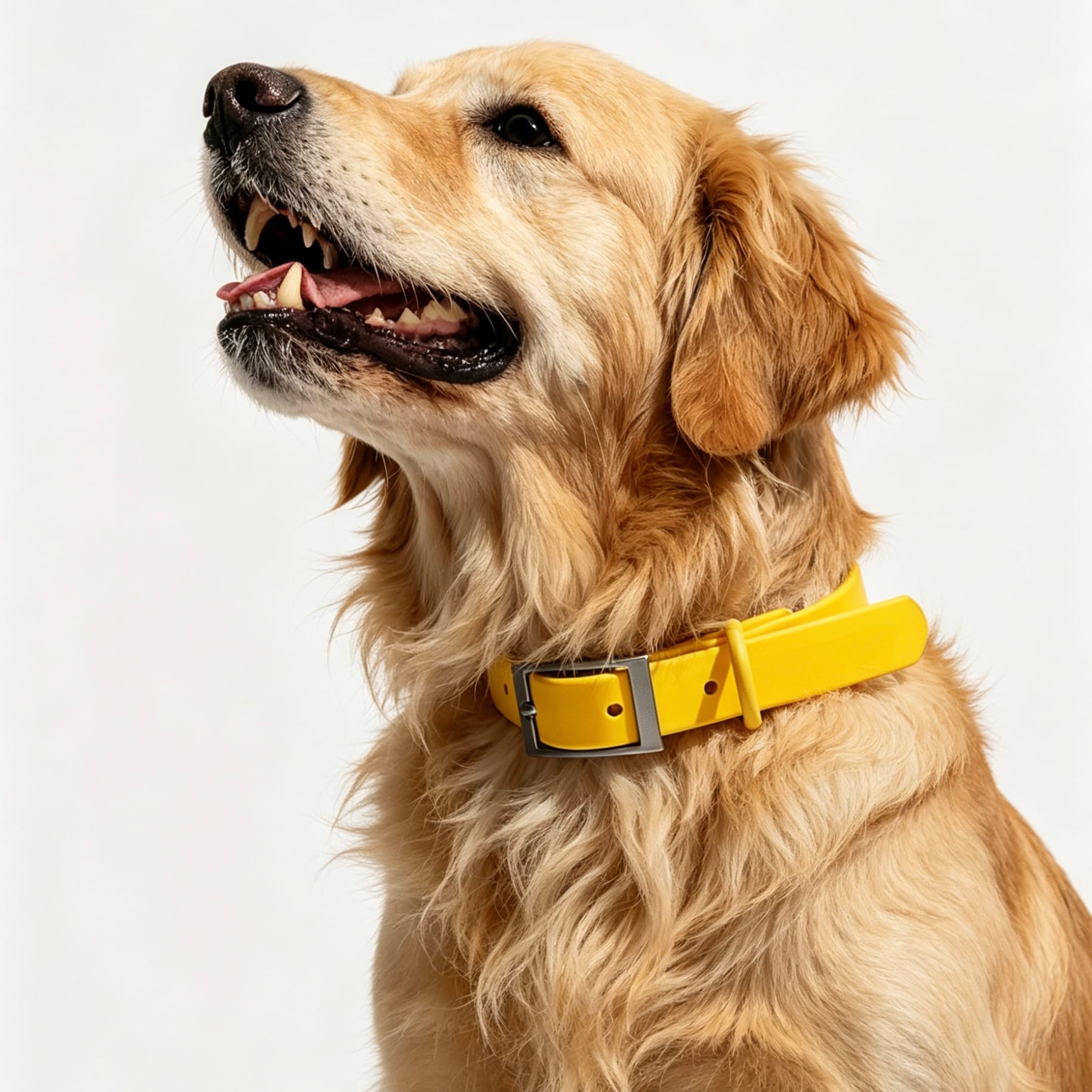 MoonianPet waterproof dog collar in yellow worn by golden retriever — adjustable BioThane-style coated webbing