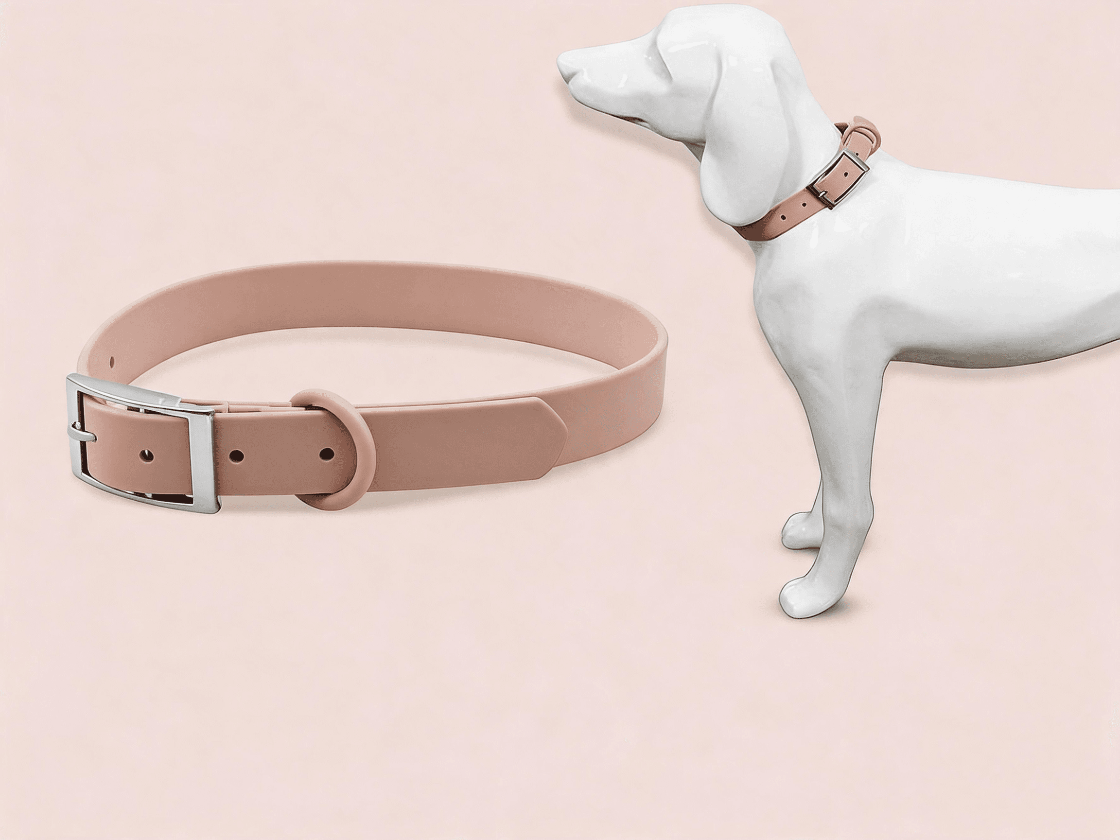 Pink waterproof dog collar on a mannequin, highlighting how bright colours and glossy PVC materials improve visibility