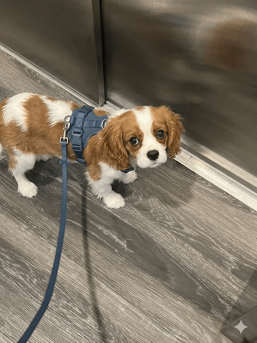 Cavalier King Charles Spaniel wearing a navy MoonianPet harness and leash set in an elevator — secure walking gear with ID collar