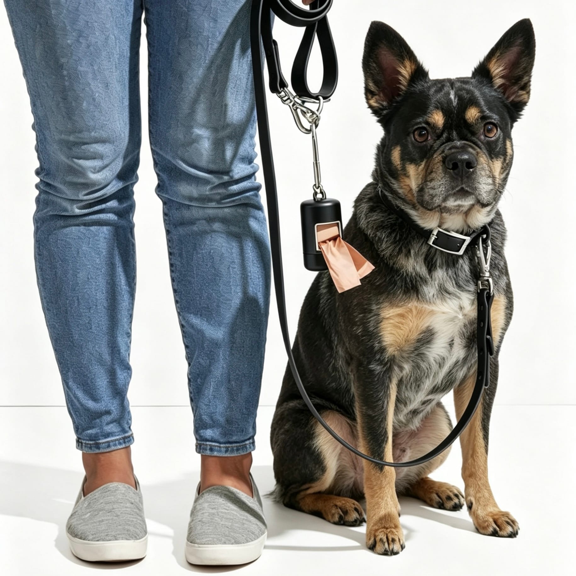 Mixed breed dog wearing a black MoonianPet waterproof collar and leash set — active dog in a well-maintained everyday walking setup