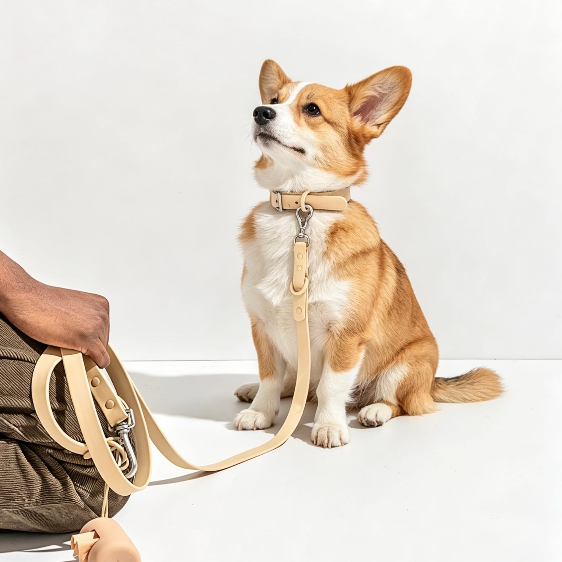 MoonianPet waterproof dog collar and leash set sand on corgi — matching PVC coated webbing