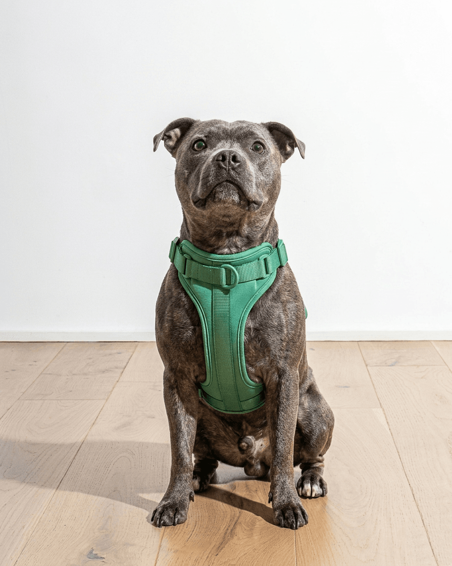 MoonianPet comfort fit dog harness green on staffy