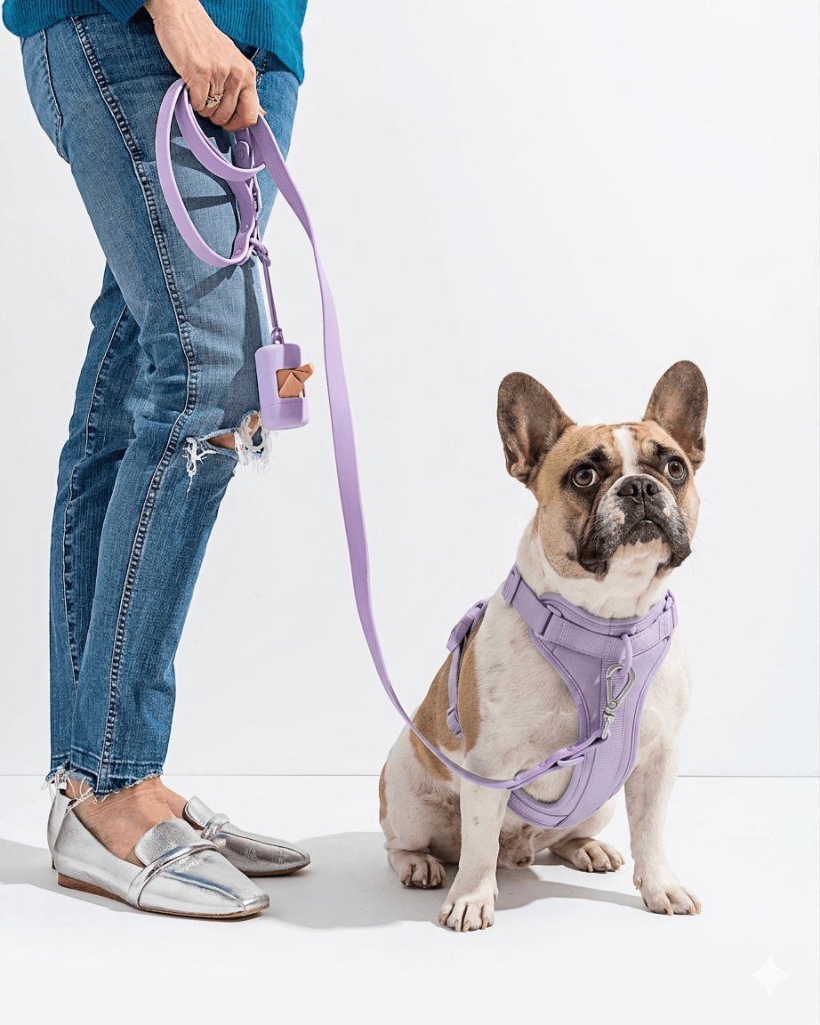 French Bulldog wearing a lilac MoonianPet no-pull dog harness and leash set — harnesses are essential for flat-faced breeds to avoid airway restriction from collar pressure