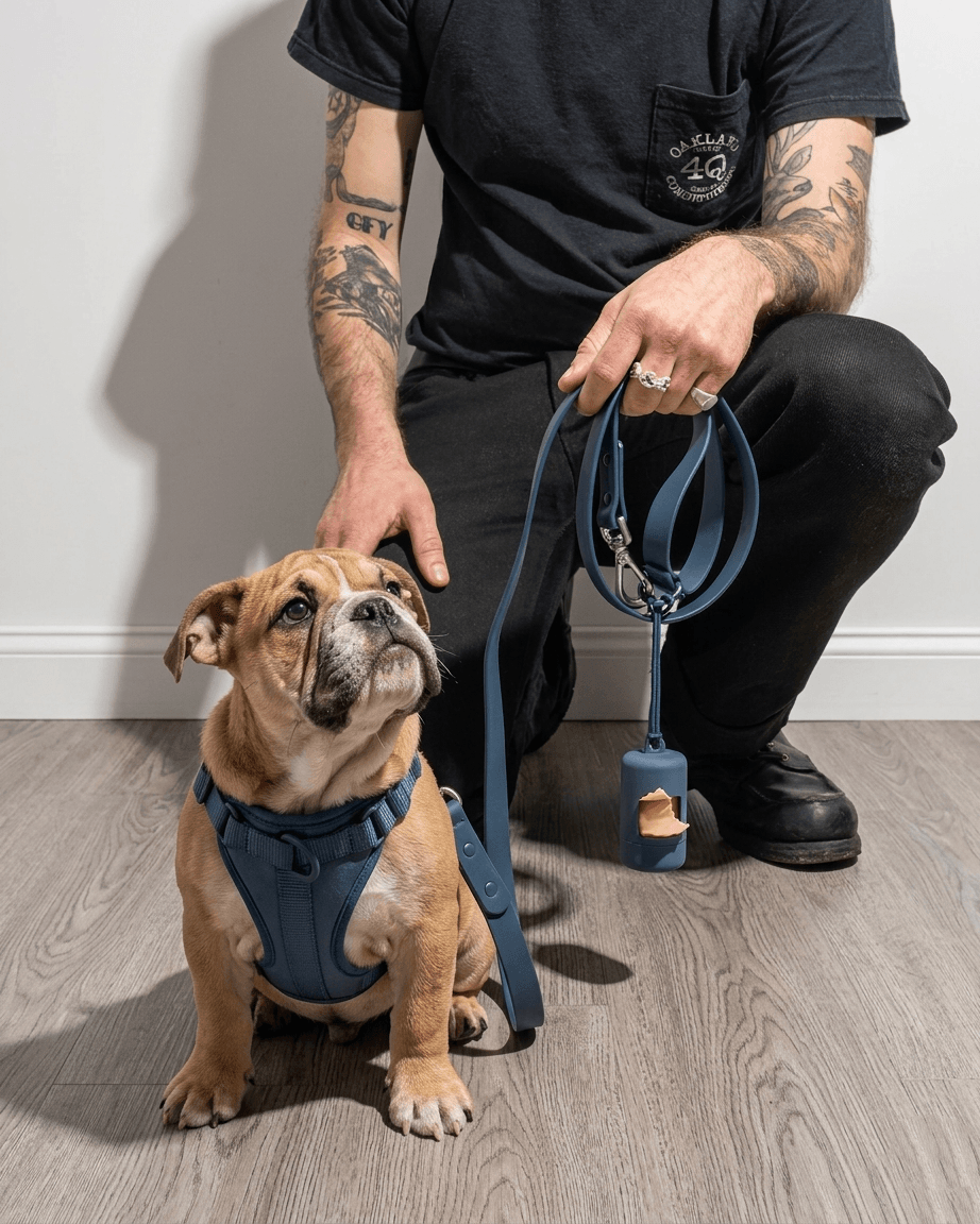 English Bulldog wearing a navy MoonianPet no-pull dog harness and leash set — wide chest panel and 3-point adjustment suits barrel-chested breeds perfectly