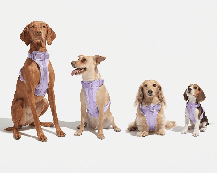 MoonianPet no-pull dog harness purple on multiple dog sizes XS to XL