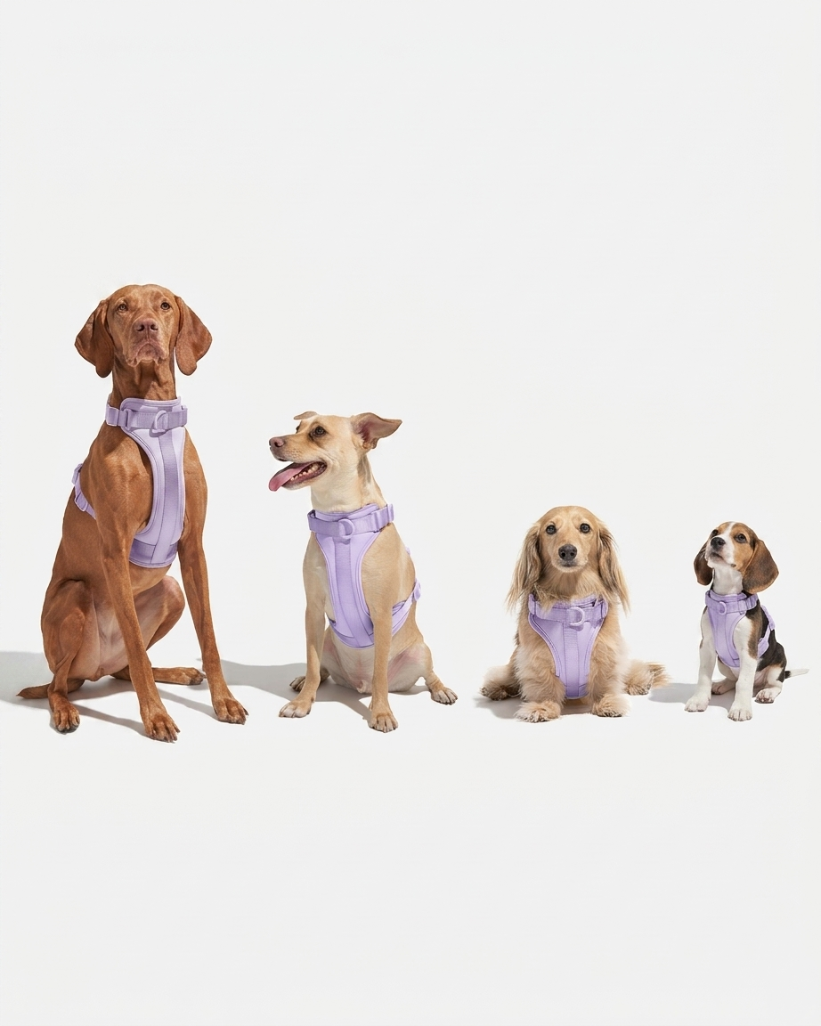 MoonianPet no-pull dog harness purple shown on multiple dog sizes from XS to XL — 5 sizes with 3-point adjustment for precise fit on any breed from Chihuahua to Rottweiler