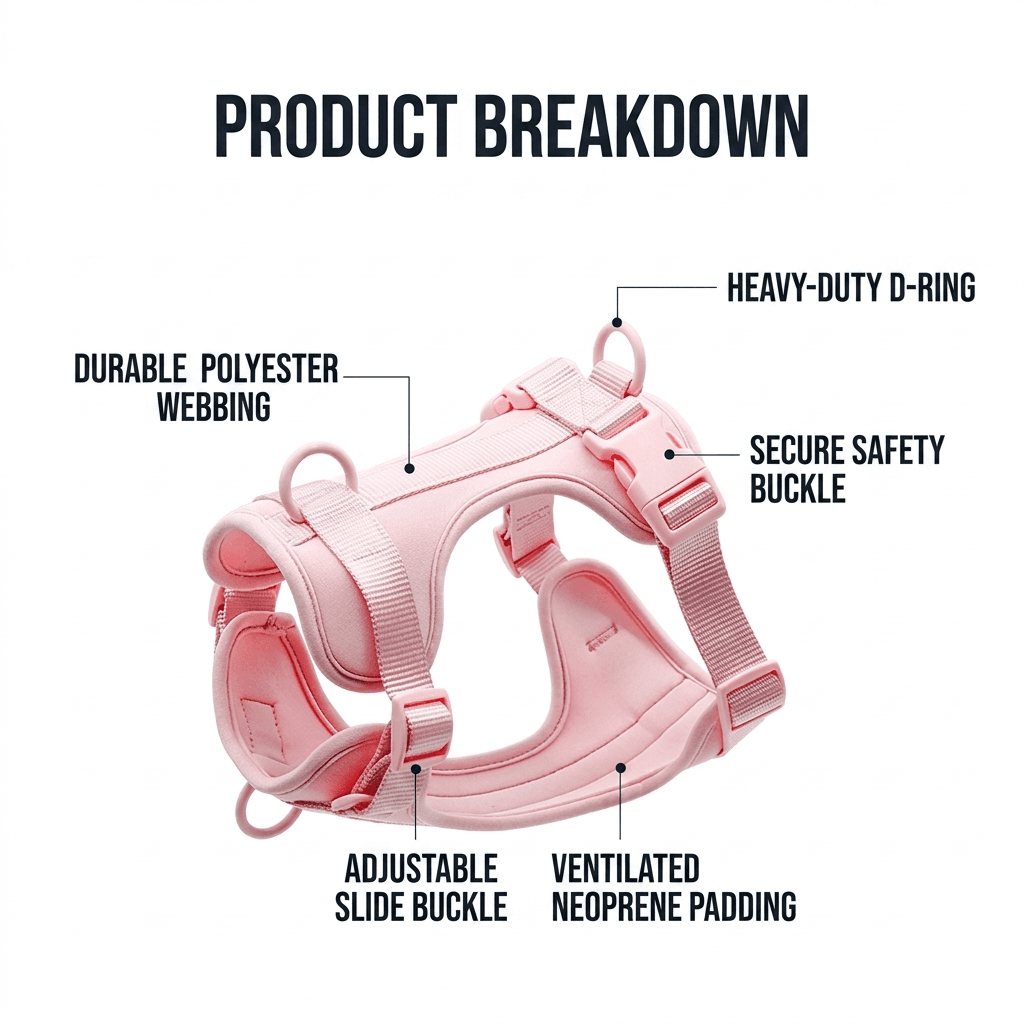 MoonianPet no-pull dog harness product breakdown features diagram