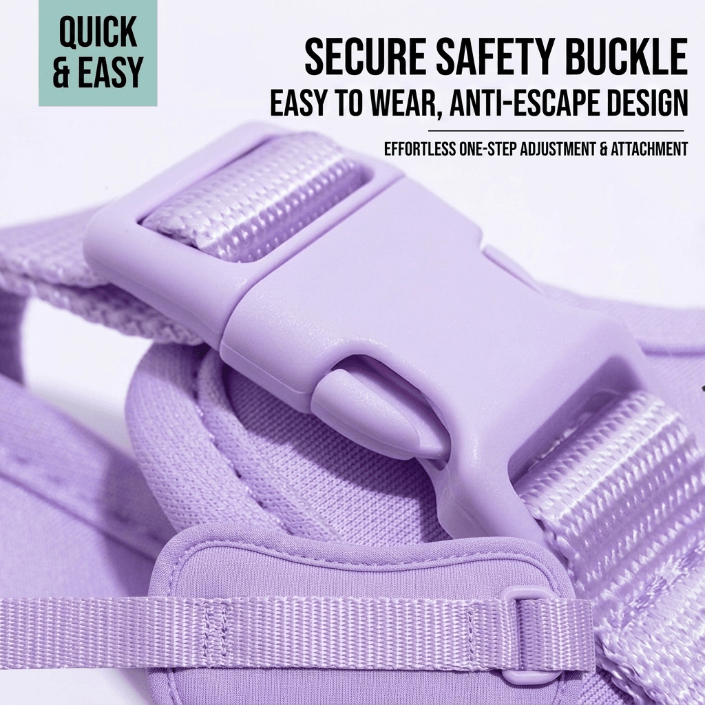MoonianPet no-pull dog harness escape-proof dual-layer safety buckle design — prevents release under sudden force from pulling or backing up