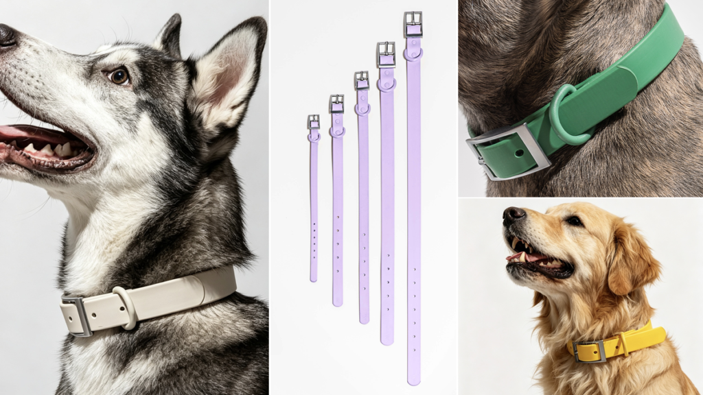 MoonianPet waterproof dog collars in 5 sizes XS to XL — husky portrait, neck closeup, and golden retriever wearing PVC coated collar