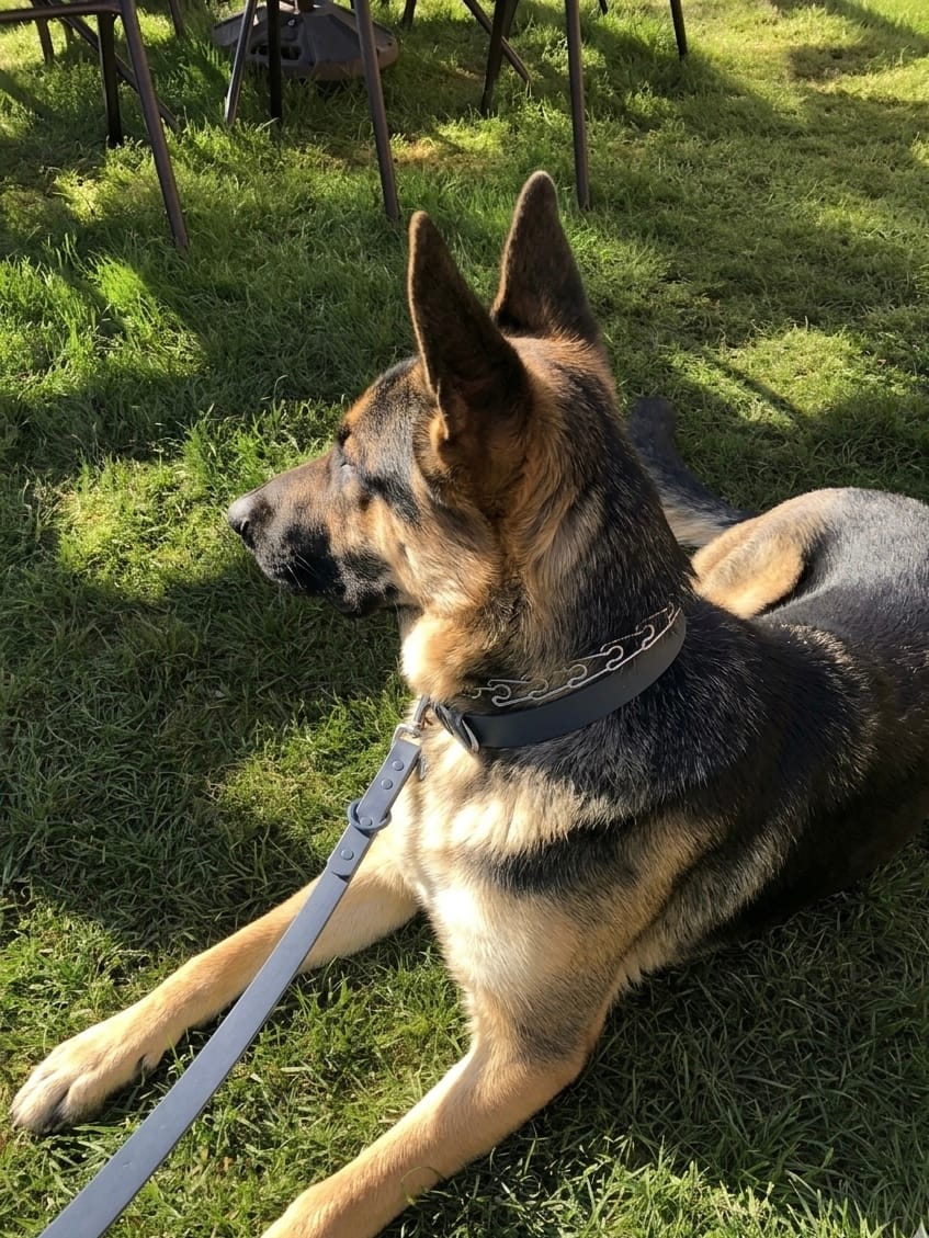 German Shepherd wearing a navy MoonianPet no-pull dog harness and leash — strong dog with controlled walking setup