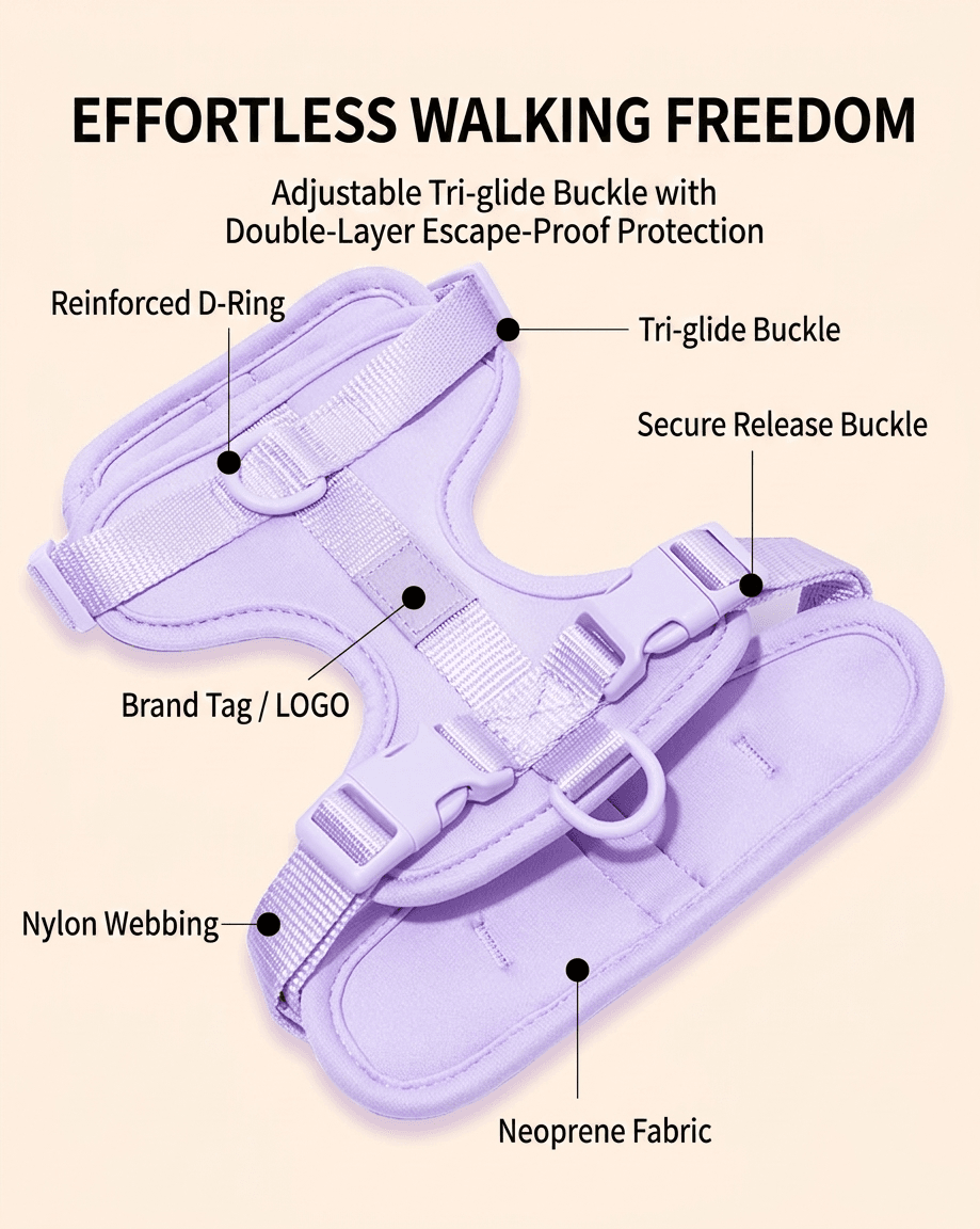 MoonianPet no-pull dog harness lilac — material and function diagram showing neck position, chest panel placement and adjustment points