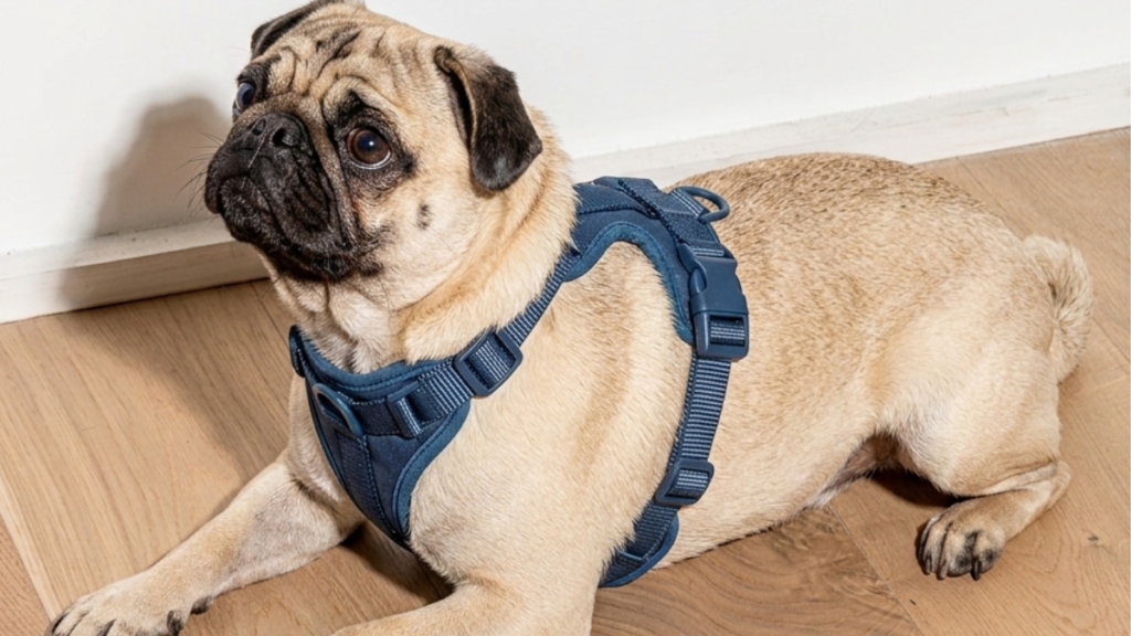 Pug wearing a navy MoonianPet no-pull dog harness indoors — front D-ring chest clip attachment clearly visible for no-pull leash walking