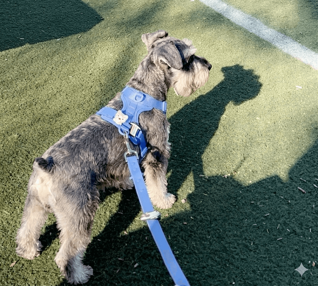 Schnauzer wearing a sky blue MoonianPet dual-clip no-pull harness on grass — versatile front and back clip harness for everyday walking