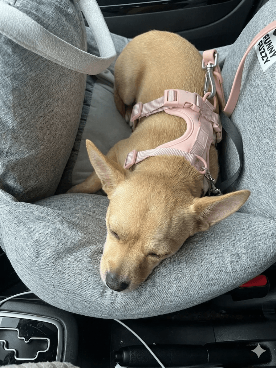 Tan dog sleeping safely in a car seat wearing a pink no-pull harness, demonstrating proper car safety for travelling dogs