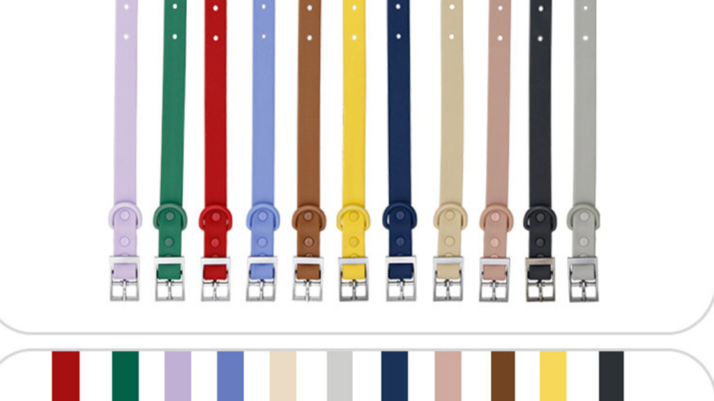 MoonianPet waterproof dog collars in all 11 colours — purple, green, red, sky blue, brown, yellow, navy, sand, pink, black and gray PVC coated webbing collars