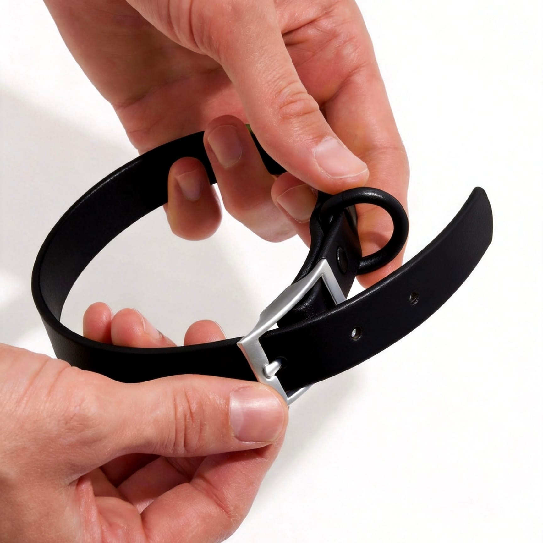 MoonianPet waterproof dog collar in black hand detail — BioThane-style PVC-coated webbing collar showing smooth waterproof surface and zinc alloy D-ring