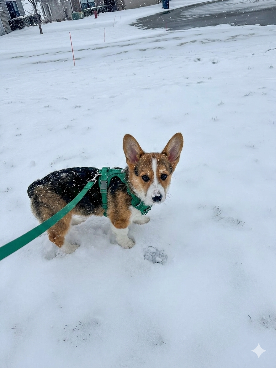 Corgi puppy wearing a green harness standing in the snow, showing good mobility and comfort for short-legged Corgis in cold weather