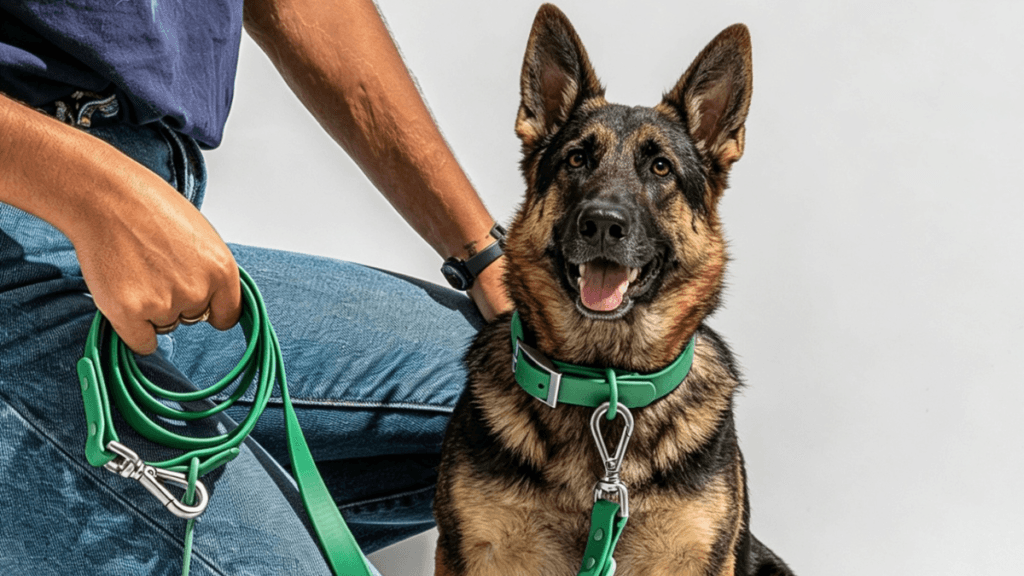 German Shepherd wearing a durable green tactical dog collar with matching leash, demonstrating a strong and functional collar setup for working and active dogs