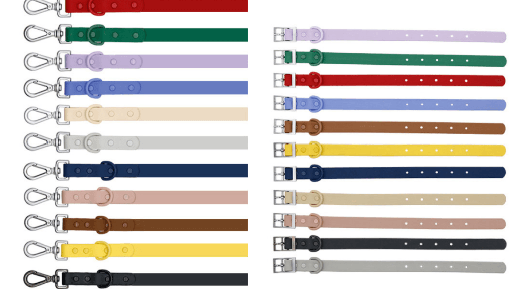 MoonianPet waterproof dog collar and leash in 11 colors flat lay display