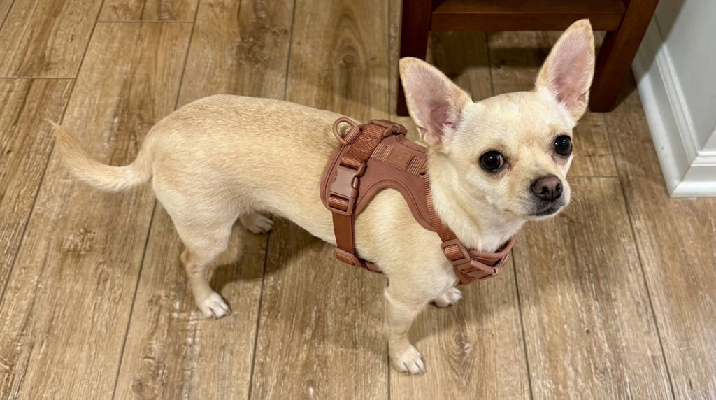 Small tan Chihuahua standing on wooden floor wearing a comfortable brown harness, showing proper fit for tiny dogs