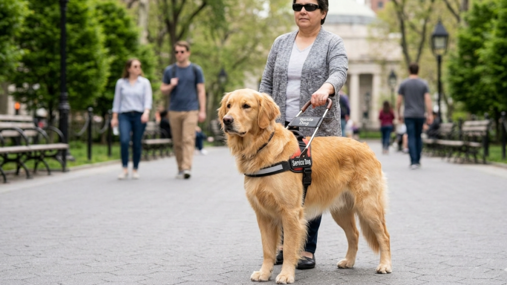 Golden Retriever wearing a professional service dog harness walking with handler in a public park, showing the difference between service dog harnesses and regular ones