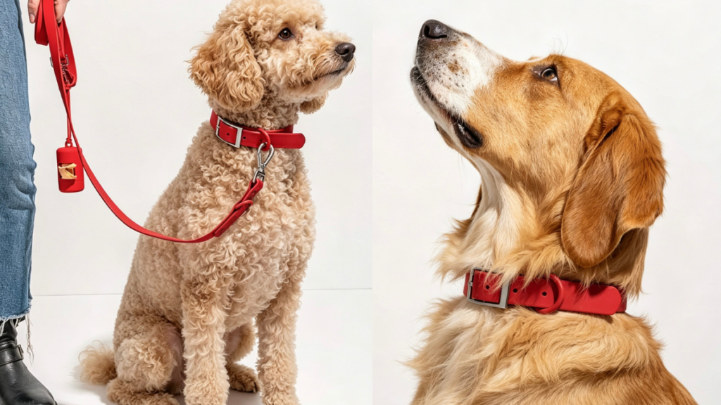 Light-colored Poodle wearing a festive red collar and leash, perfect for Christmas dog collar and harness ideas this holiday season