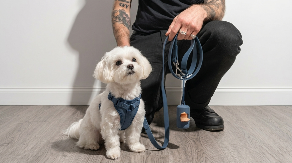 Small white Maltese dog wearing a comfortable blue harness sitting on wooden floor, showing gentle fit that protects long coat