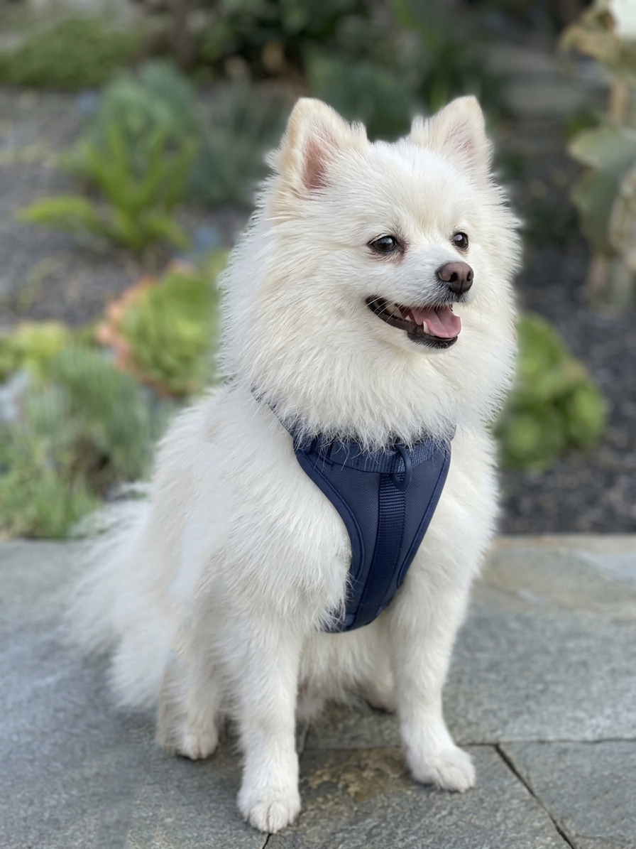 White Pomeranian sitting on stone pavement wearing a navy blue harness, happy and comfortable in an outdoor setting