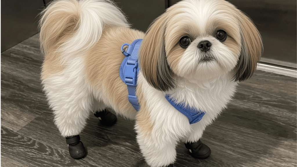 Shih Tzu wearing a blue MoonianPet no-pull harness with booties indoors — best harness for Shih Tzu fit and comfort
