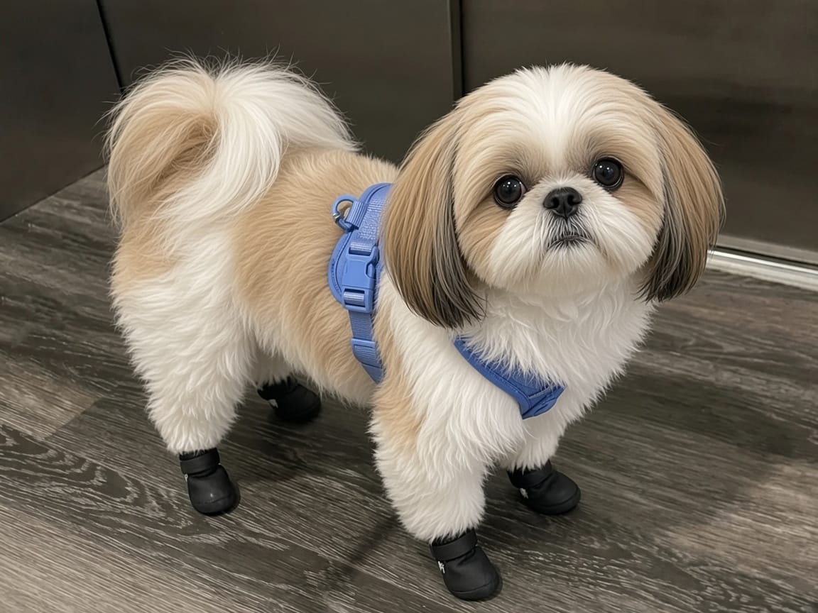 Shih Tzu wearing a blue MoonianPet no-pull harness with booties indoors — best harness for Shih Tzu fit and comfort