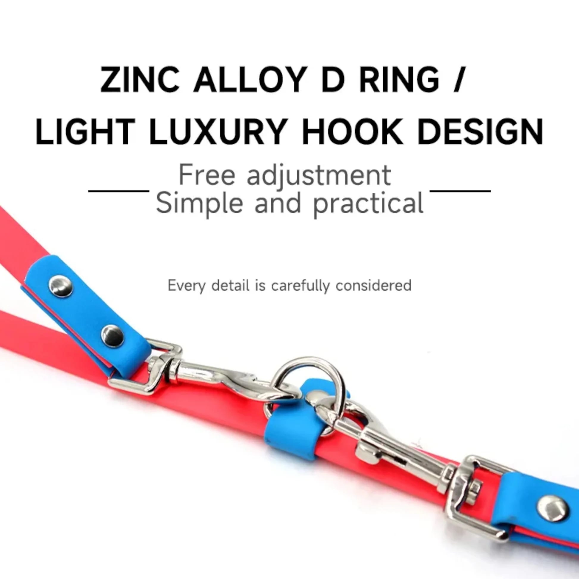 Close up of the zinc alloy metal hook and D-rings on the MoonianPet hands free leash