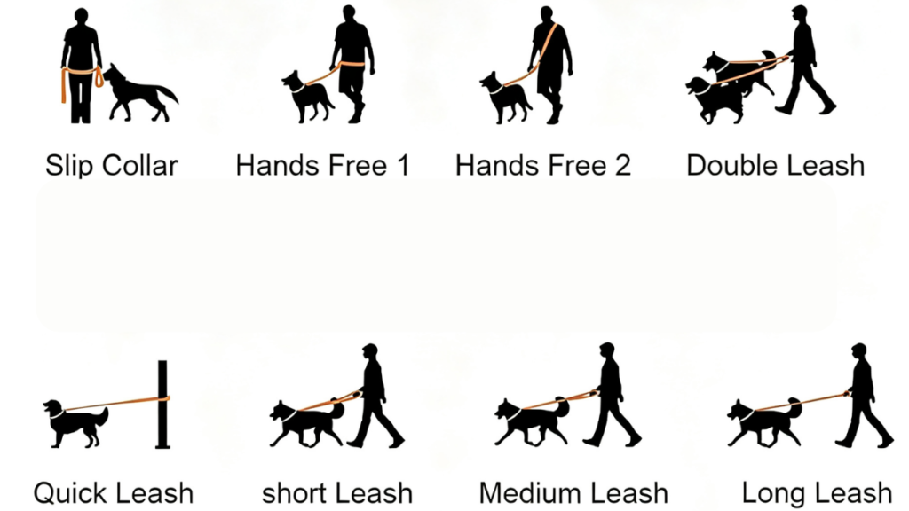Diagram showing 8 ways to wear a MoonianPet multifunctional multi-way dog leash