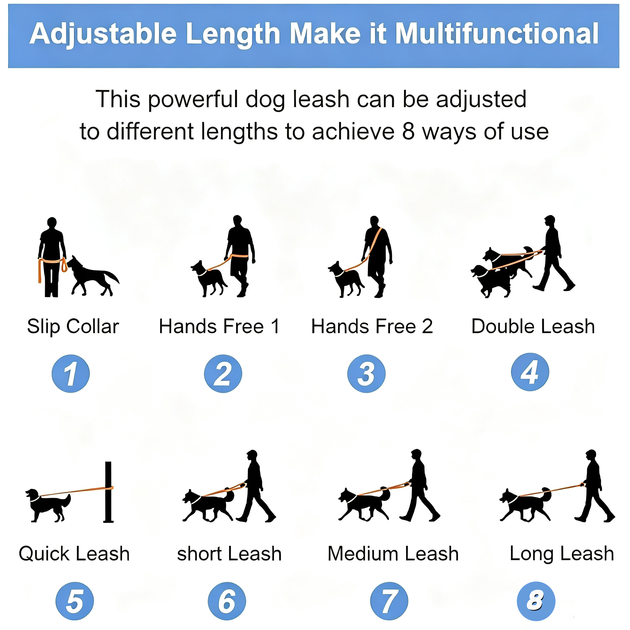 Diagram showing 8 ways to wear the MoonianPet multifunctional hands free dog leash
